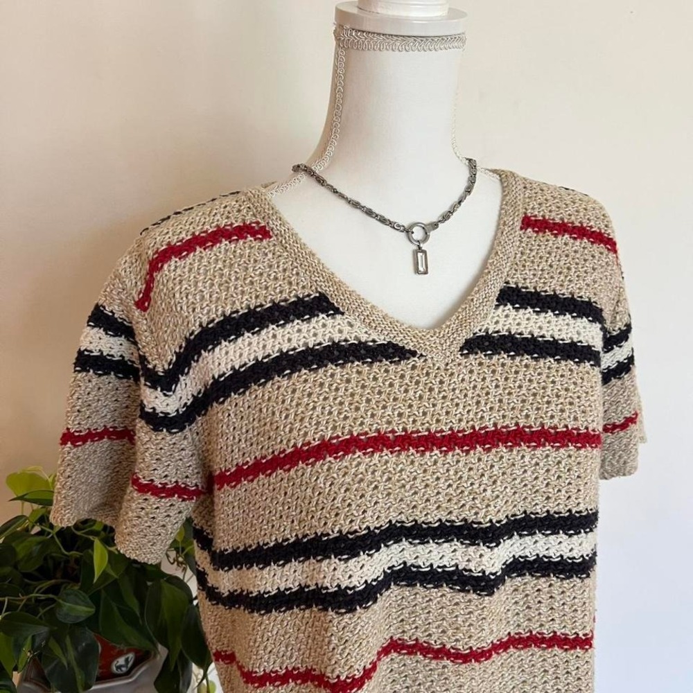 Vintage Striped Liz Claiborne Short Sleeve Light Knit Sweater Top Americana - Picture 4 of 6